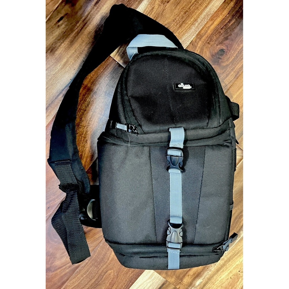 Black Alturo Slingshot Bag- Padded Two Compartments‎ Adjustable Inserts Purple